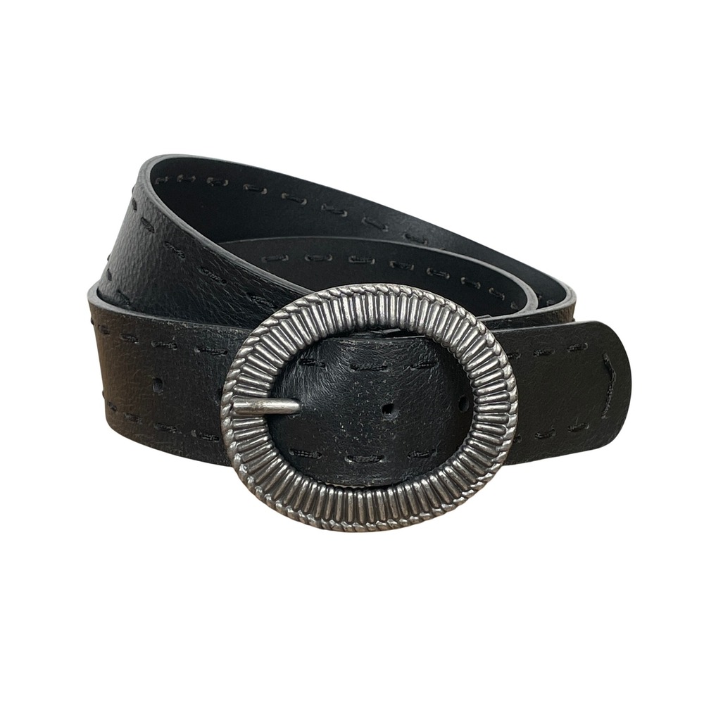 J. Jill Black‎ Minimalist Leather Whipstitch Belt Silver Ribbed Buckle Womens S